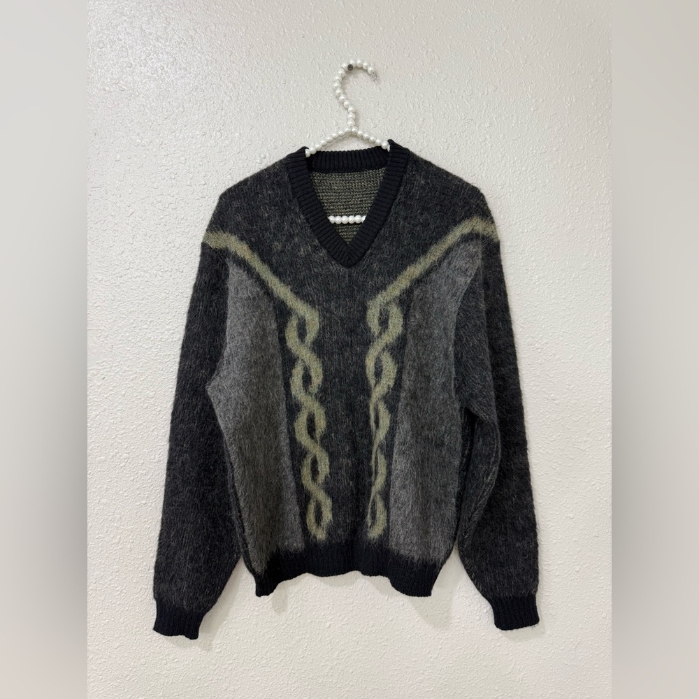 VTG Men's 60s Black & Grey Mohair Shag Cardigan Sweater 1960s Puritan Sz Medium